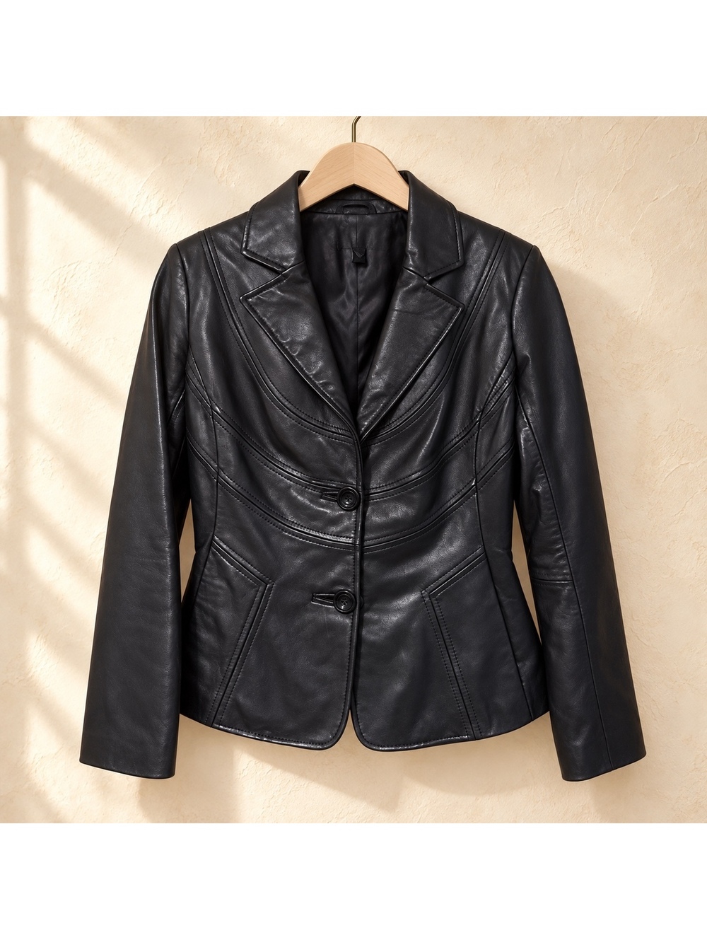 Bernardo Black Genuine Leather Blazer Petite XS PXS Fitted Seamed Jacket